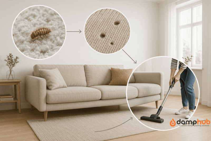 Carpet beetle treatment: A modern living room with a beige sofa and light rug. Three circular insets show a sequence: a close-up of a carpet beetle larva on fabric, fabric damage with small holes, and a person vacuuming the rug. Arrows connect the images to illustrate the cause (larva), effect (fabric damage), and solution (cleaning). The scene is well-lit with natural light from a large window.