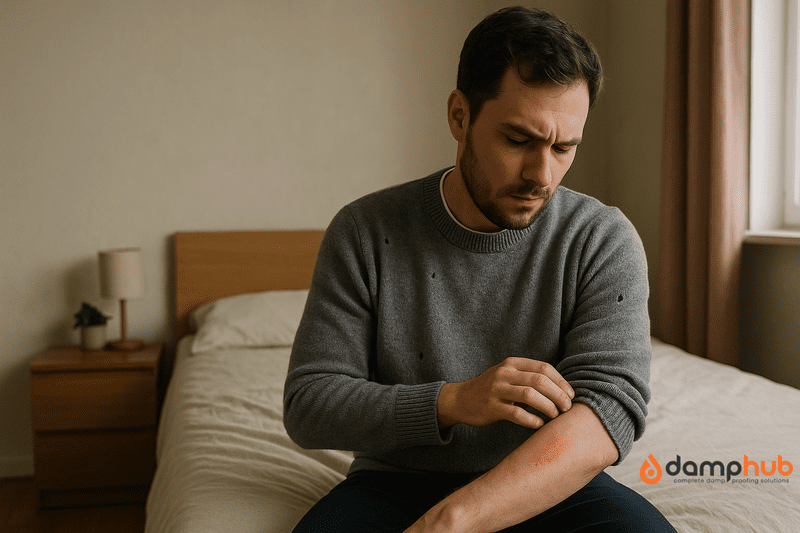 A man sitting on the edge of an unmade bed in a softly lit bedroom, looking down at a red rash on his forearm. He wears a grey sweater with small holes, suggesting possible fabric damage from pests. The room has a neutral, lived-in feel with natural daylight coming through a window on the right and empty space on the left side of the frame.
