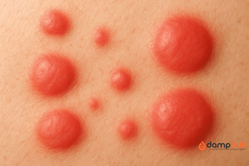 Close-up high-resolution image of red, raised carpet beetle rash welts on light skin. The lesions vary in size, appear inflamed and shiny, and are surrounded by visible skin texture, pores, and fine hair.