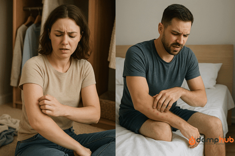 Carpet beetle larvae vs bed bug bites comparison — split-screen image showing a woman scratching a rash from carpet beetle larvae near clothing, and a man scratching swollen bed bug bites on a bed with visible dark spots on the sheets.