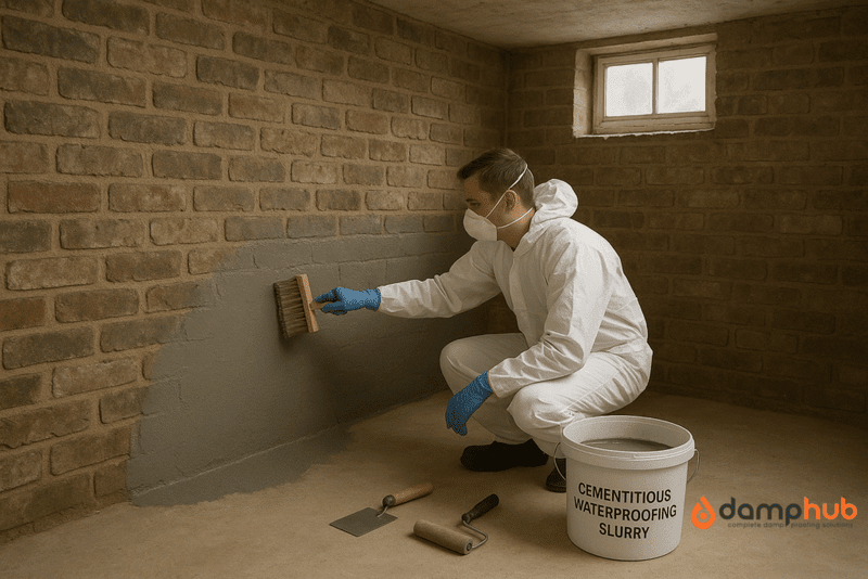 A realistic landscape image of a construction worker applying cementitious waterproofing slurry to a brick basement wall. The worker, dressed in full protective gear including white coveralls, blue gloves, and a dust mask, uses a masonry brush to coat the lower section of the wall with thick grey slurry. The unfinished UK basement has bare brick walls, a concrete floor, and a small window letting in soft natural light. Nearby on the floor is a white bucket labeled “CEMENTITIOUS WATERPROOFING SLURRY,” along with a trowel and two rollers. The wall shows a visibly wet texture where the slurry has been applied.