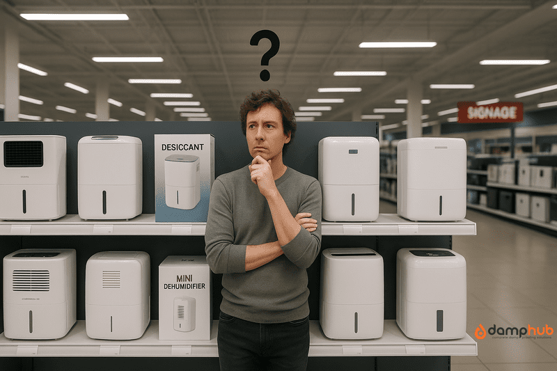 A wide-angle photo of a confused shopper standing in front of a shelf full of dehumidifiers in a large, brightly lit electronics store. Various models—compressor, desiccant, and mini—are clearly labeled on boxes. The person stands with a hand on their chin and arms crossed, looking indecisive. A large question mark hovers above their head. The store interior is spacious with visible aisle signs and product displays in the background.