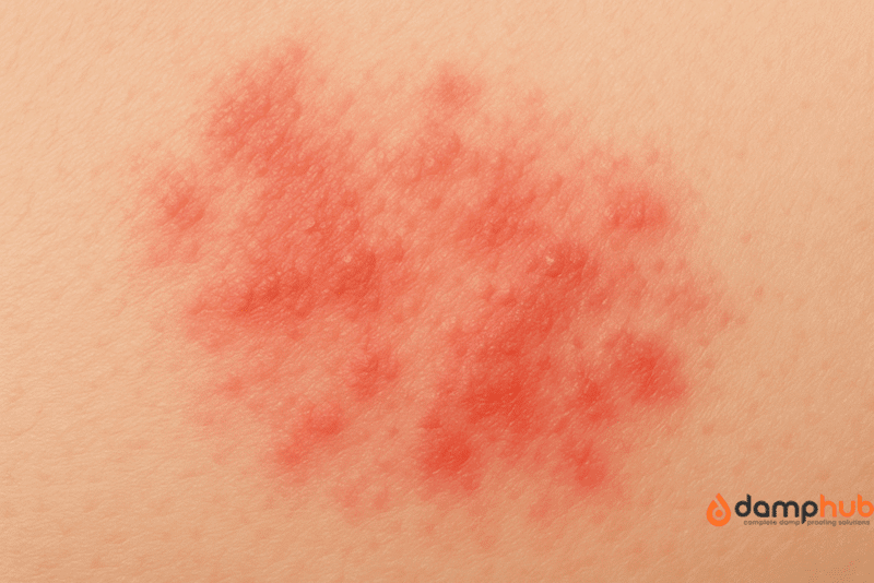 Close-up, high-resolution landscape image of contact dermatitis on light skin, showing a large red, inflamed patch with scattered raised bumps and rough, irritated texture. The surrounding skin appears smooth and healthy, creating clear contrast with the affected area.