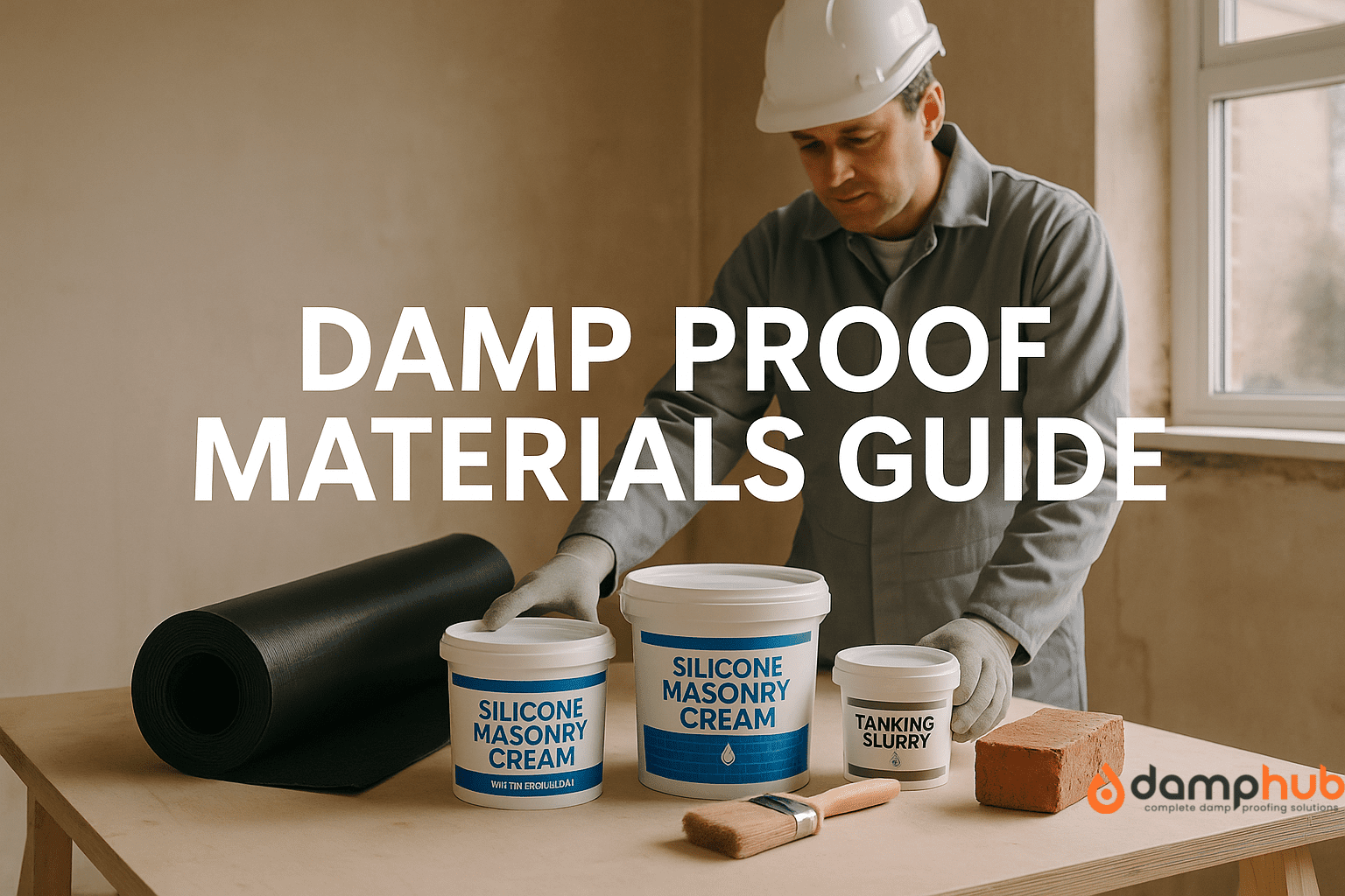A construction technician in full PPE, including a white coverall, blue gloves, and a hard hat, stands behind a wooden workbench arranging damp proofing materials. The materials include a black roll of damp proof membrane, a tub labeled “Silicone Masonry Cream,” a smaller container labeled “Tanking Slurry,” a masonry brush, and two bricks. Large white text reading “Damp Proof Materials Guide” is centered over the image. The background shows an unfinished UK interior with plastered and exposed brick walls, and natural light enters from a nearby window.