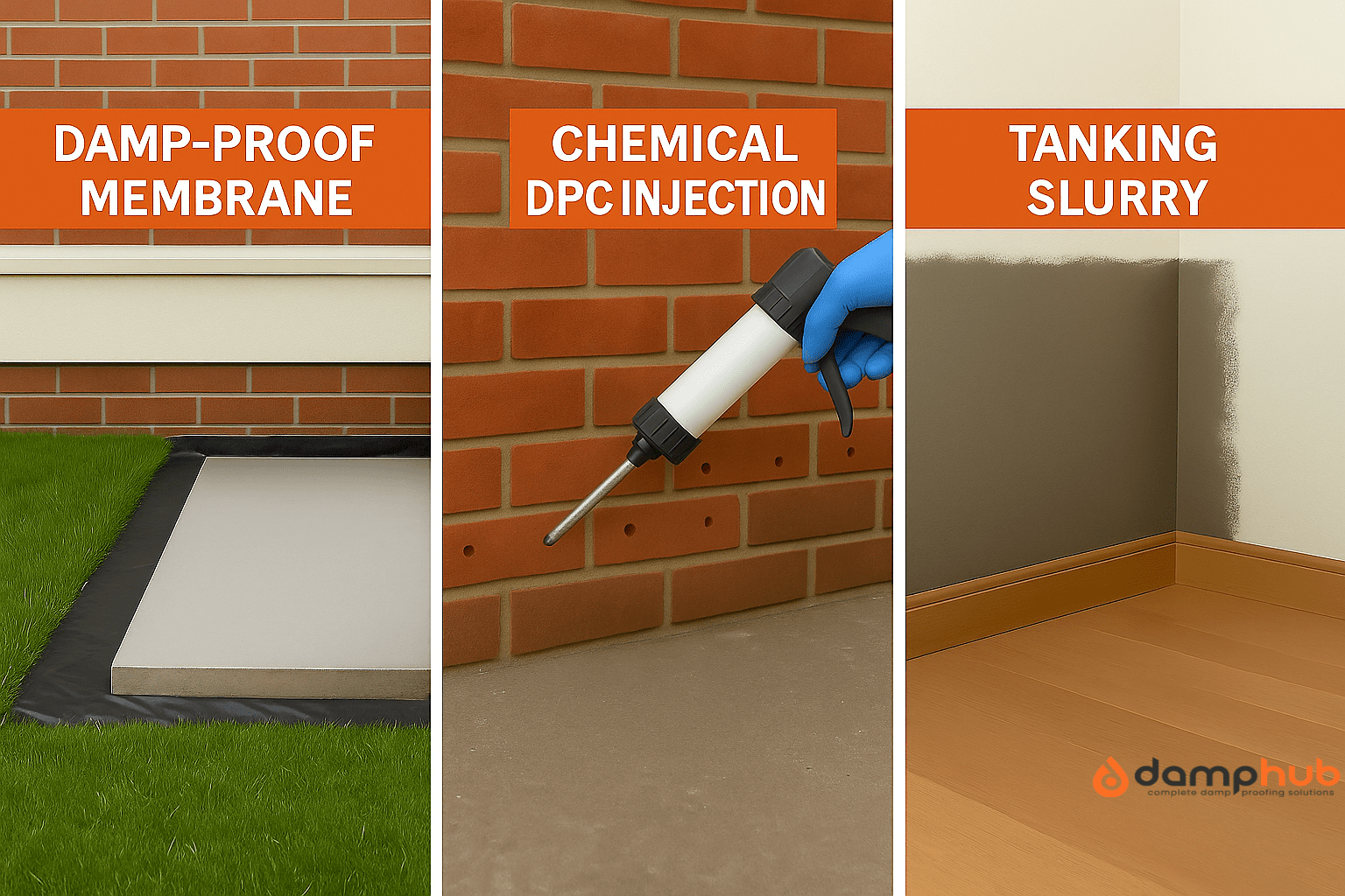 A triptych image showing three damp-proofing methods. The left panel displays a damp-proof membrane beneath a concrete floor slab next to a brick wall. The center panel shows a gloved hand using an applicator gun to inject a chemical DPC into holes drilled in a brick wall. The right panel features a partially coated interior wall with tanking slurry above a wooden floor and skirting board. Each section is labeled in bold white text on an orange banner.