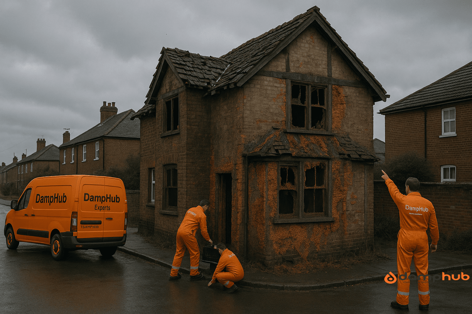 A wide-angle photo shows three technicians in bright orange coveralls labeled "DampHub Experts" assessing a severely dry rot-damaged brick house on a cloudy British street. The house has a partially collapsed roof, broken windows, and visible orange fungal growth. One technician kneels beside a tool box, another inspects timber near the entrance, and the third points at damage on the upper floor. A branded orange van labeled “DampHub Experts” is parked nearby, with neighboring brick houses visible in the background.