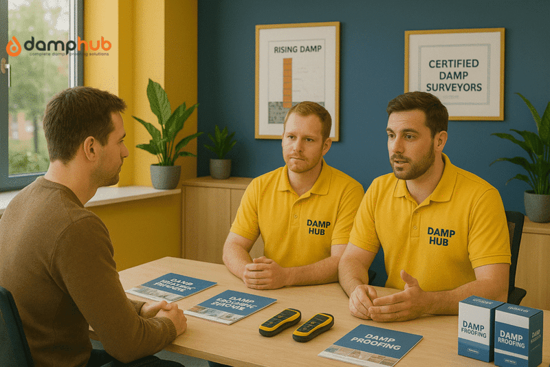 Two certified damp surveyors from Damp Hub consulting a homeowner at an office table, discussing damp proofing solutions with brochures and moisture meters on the table