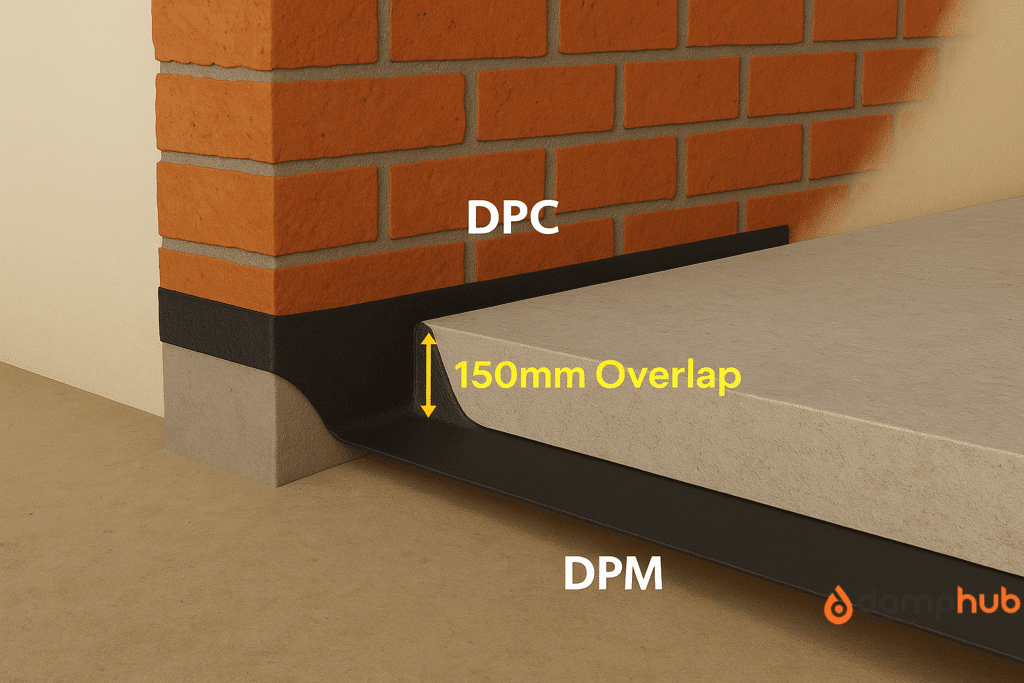 DPC VS DPM A detailed, cross-sectional digital illustration in landscape format showing a UK-style brick wall meeting a concrete floor slab. The image clearly highlights the DPC (Damp Proof Course) as a black horizontal layer embedded within the brickwork, and the DPM (Damp Proof Membrane) as a plastic sheet beneath the concrete slab. The DPM overlaps the DPC by at least 150mm, with labels identifying each layer: “DPC” on the brickwork, “DPM” under the slab, and “150mm Overlap” at the junction point. The layout is clean and professional, with a neutral background for clarity.
