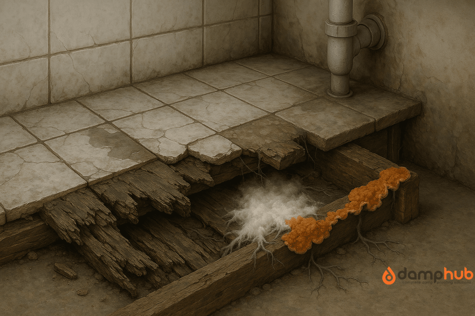 Cutaway view of a bathroom floor with cracked tiles, showing advanced dry rot in floorboards, fungal growth, and water damage beneath.