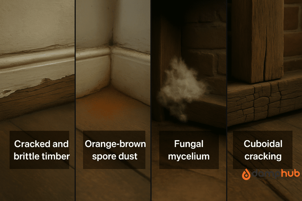A realistic landscape image split into four labeled sections showing dry rot symptoms: 1) cracked, brittle timber; 2) orange-brown spore dust; 3) white fungal mycelium; 4) cuboidal cracking in decayed wood.