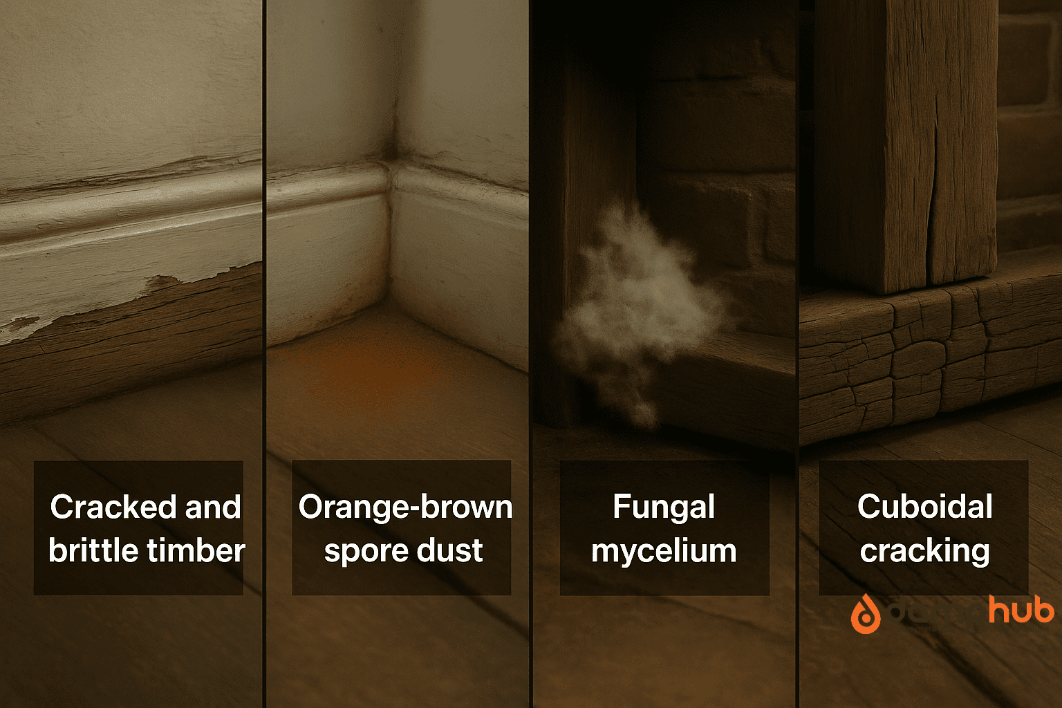 A realistic landscape image split into four labeled sections showing dry rot symptoms: 1) cracked, brittle timber; 2) orange-brown spore dust; 3) white fungal mycelium; 4) cuboidal cracking in decayed wood.