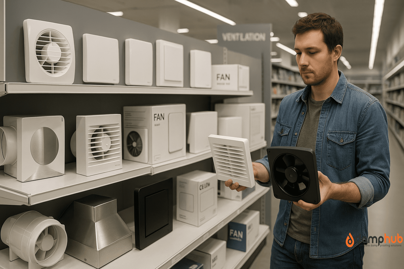 A photograph depicts a light-skinned man in a ventilation section of a home improvement store, wearing a denim jacket and holding two extractor fans—one white and one black—while comparing them. The shelves beside him display various types of extractor fans in different shapes and sizes, including bathroom, kitchen hood, and inline duct fans. The store is brightly lit with clean, organized aisles and visible packaging labels.