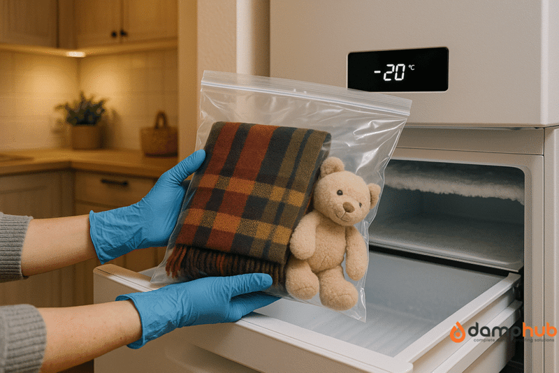 Gloved hands placing a sealed plastic bag containing a wool scarf and stuffed toy into the open drawer of a household freezer set at -20°C, inside a modern, softly lit kitchen with wooden cabinets.