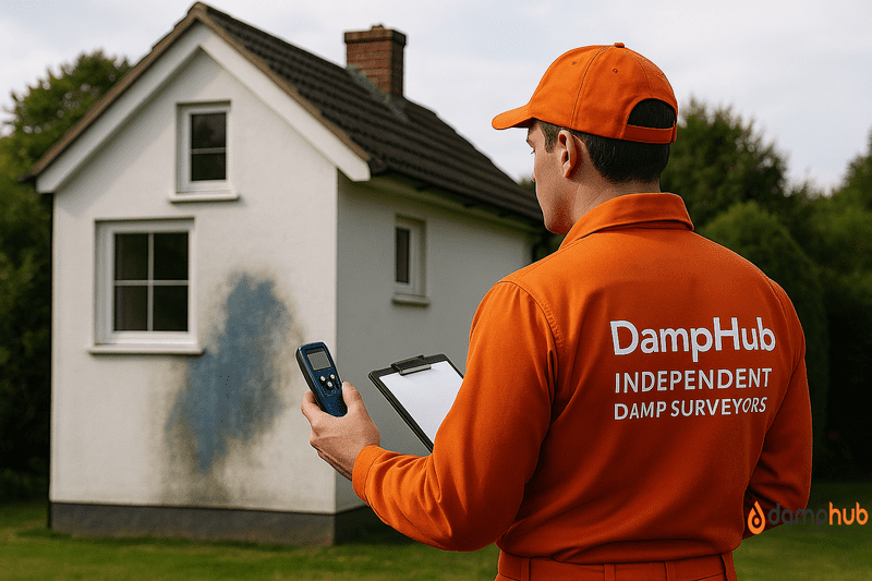 A DampHub surveyor in an orange uniform stands in front of a white two-story house, holding a clipboard and a moisture meter while inspecting a large damp patch on the exterior wall. The scene is set outdoors during daytime, with green trees and grass surrounding the property.