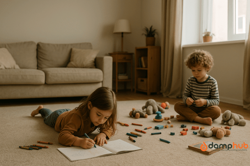 Two young children play on a beige carpet in a softly lit living room. One child lies on their stomach colouring in a sketchbook, while the other sits cross-legged nearby, surrounded by toys, crayons, and stuffed animals. The space looks warm, tidy but lived-in, with natural light coming through a window on the right.