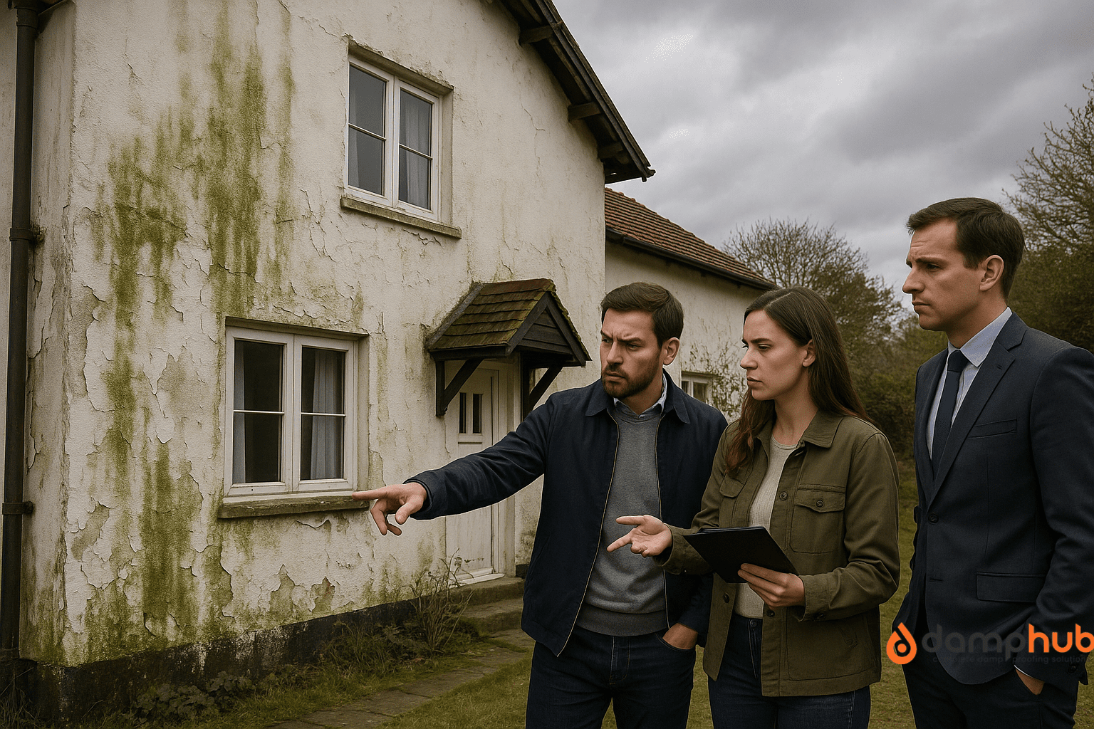 Three individuals inspecting a damaged house exterior. The house has visible green mould streaks, cracked render, and peeling paint. One man is pointing at the wall while a woman holds a clipboard, and a real estate agent stands beside them. The sky is overcast, and the garden is slightly overgrown, suggesting a neglected or devalued property.