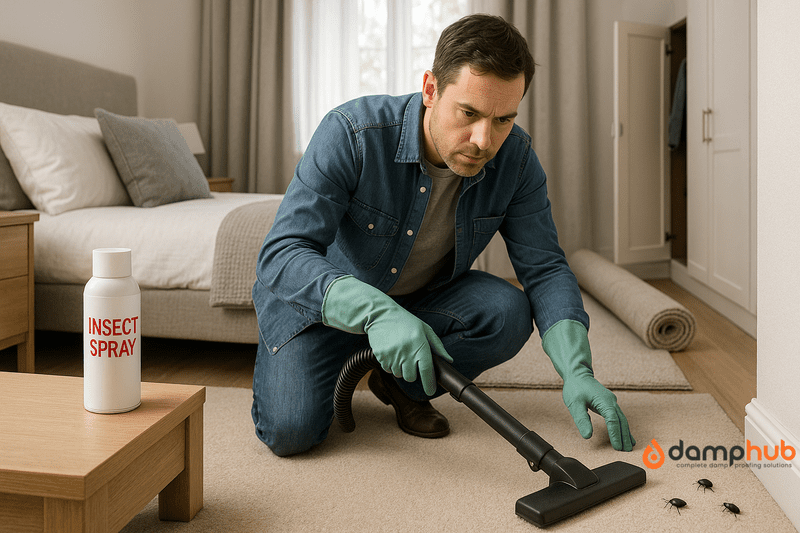 A man wearing gloves is vacuuming along the skirting boards of a clean, modern UK bedroom, with a rolled-up rug and open wardrobe door nearby. An insect spray canister sits on a wooden table, and small black carpet beetles are visible on the floor, highlighting active pest prevention efforts.