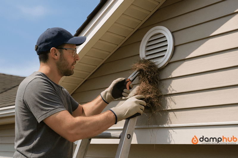 A photograph captures a Caucasian man removing a small bird’s nest from the eaves of a suburban house using orange-handled pliers. He stands on a ladder wearing safety gloves and glasses, working carefully near a white circular roof vent on beige vinyl siding under a sunny blue sky.
