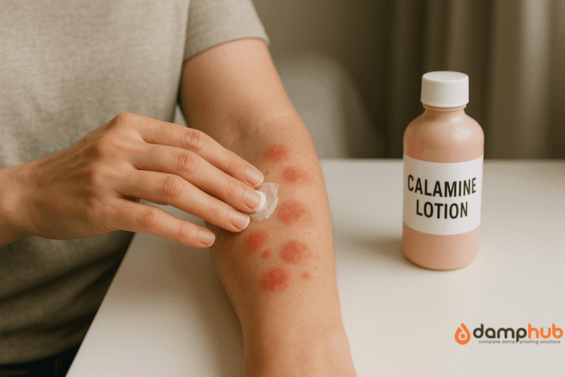 A realistic landscape photo showing a light-skinned person applying calamine lotion to red, swollen carpet beetle rash patches on their forearm. The person uses their fingers to gently spread the lotion, while a pink bottle labelled "Calamine Lotion" sits on a nearby white surface. The background is softly blurred, creating a calm home setting.