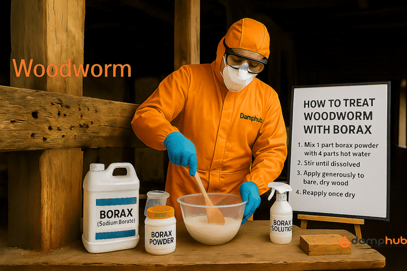 
DIY woodworm treatment: A professional in an orange Damphub-branded protective suit mixes a borax solution in a clear bowl while preparing to treat woodworm in a rustic timber setting. On the table are clearly labeled containers: "BORAX (Sodium Borate)", "BORAX POWDER", and a spray bottle labeled "BORAX SOLUTION". A signboard beside him outlines step-by-step instructions for using borax to treat woodworm. The environment features visibly infested wooden beams.
