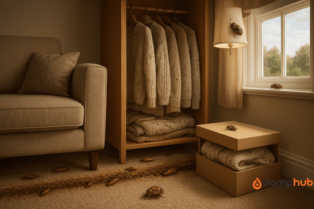 A realistic, high-resolution cutaway of a cosy UK living room showing carpet beetle infestations. Several larvae crawl under the sofa and along the skirting board. An open wardrobe reveals wool jumpers and blankets with visible damage, with larvae on the fabric. A storage box on the floor contains natural fibre clothing, with larvae inside and an adult beetle perched on the edge. Near a window and ceiling light fixture, a couple of adult beetles are visible, attracted to the light. Natural warm lighting highlights the pests in detail.