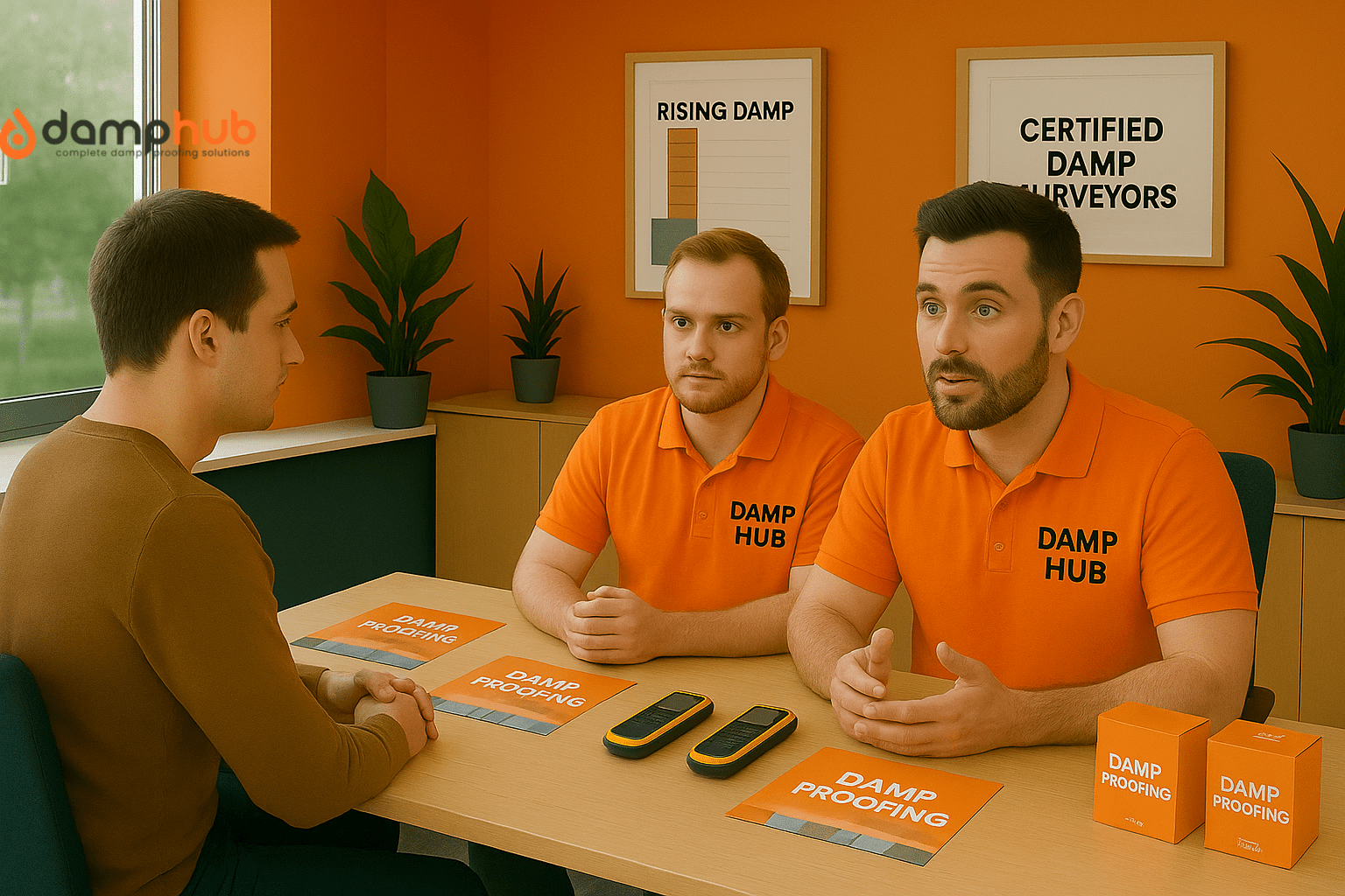 Two damphub experts chatting with a homeowner in their office