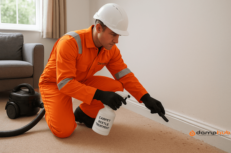 A DampHub technician in bright orange PPE with reflective strips, gloves, safety boots, and a white hard hat kneels in a clean UK living room. He sprays along the edge of a beige carpet near the white skirting board with a bottle labelled “Carpet Beetle Treatment.” Subtle signs of carpet beetle activity, including larvae traces and shed skins, are visible near the skirting. A black vacuum cleaner is positioned nearby, while a grey sofa and natural light from a window create a tidy, orderly atmosphere.