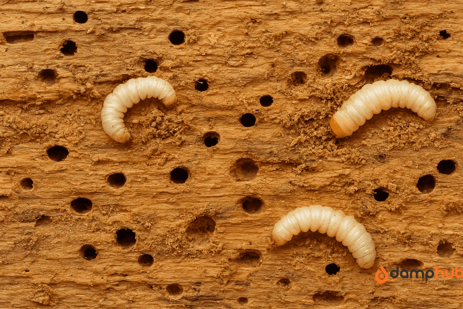 a wood with woodworm holes and some visible woodworms on the wood