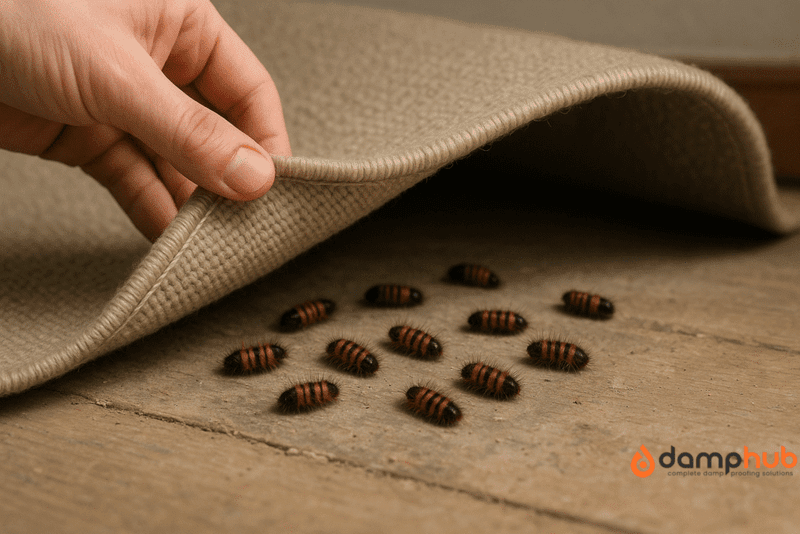 A close-up, landscape image of a person lifting the edge of a beige woven carpet to reveal multiple woolly bear carpet beetle larvae underneath. The larvae are brown with dark stripes and covered in short bristles, crawling across a wooden floor near the skirting board — a typical hidden infestation site in UK homes.
