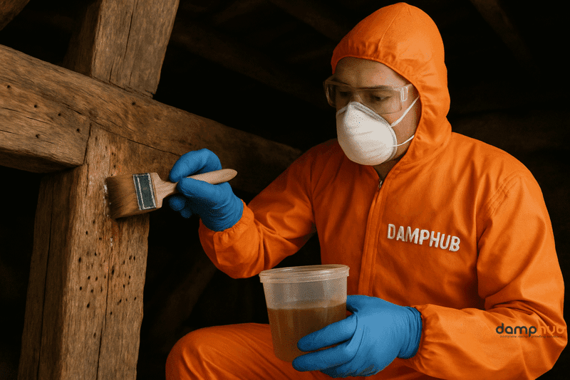 A professional worker in a dim, rustic indoor space seals exposed timber beams showing clear woodworm damage. The timber is aged, with numerous small boreholes. The worker wears clean orange protective coveralls labeled "DAMPHUB," blue gloves, a white face mask, and clear safety goggles. They are applying a clear wood sealant with a brush, holding a plastic container of the liquid. The focus is on the sealing action and the damaged wood texture.