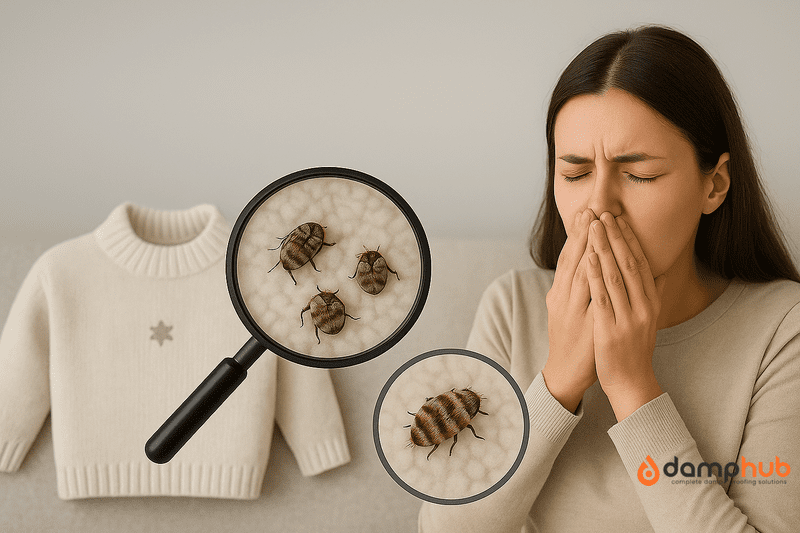 A young woman in a beige sweater sits on a light grey sofa with her hands covering her mouth and nose, eyes shut in discomfort. Beside her is a cream-coloured knitted jumper, and in the foreground a magnifying glass reveals three brown carpet beetles on a light textured surface, with an additional enlarged beetle shown in a smaller inset circle. The entire scene is set in neutral tones of white, grey, and beige.