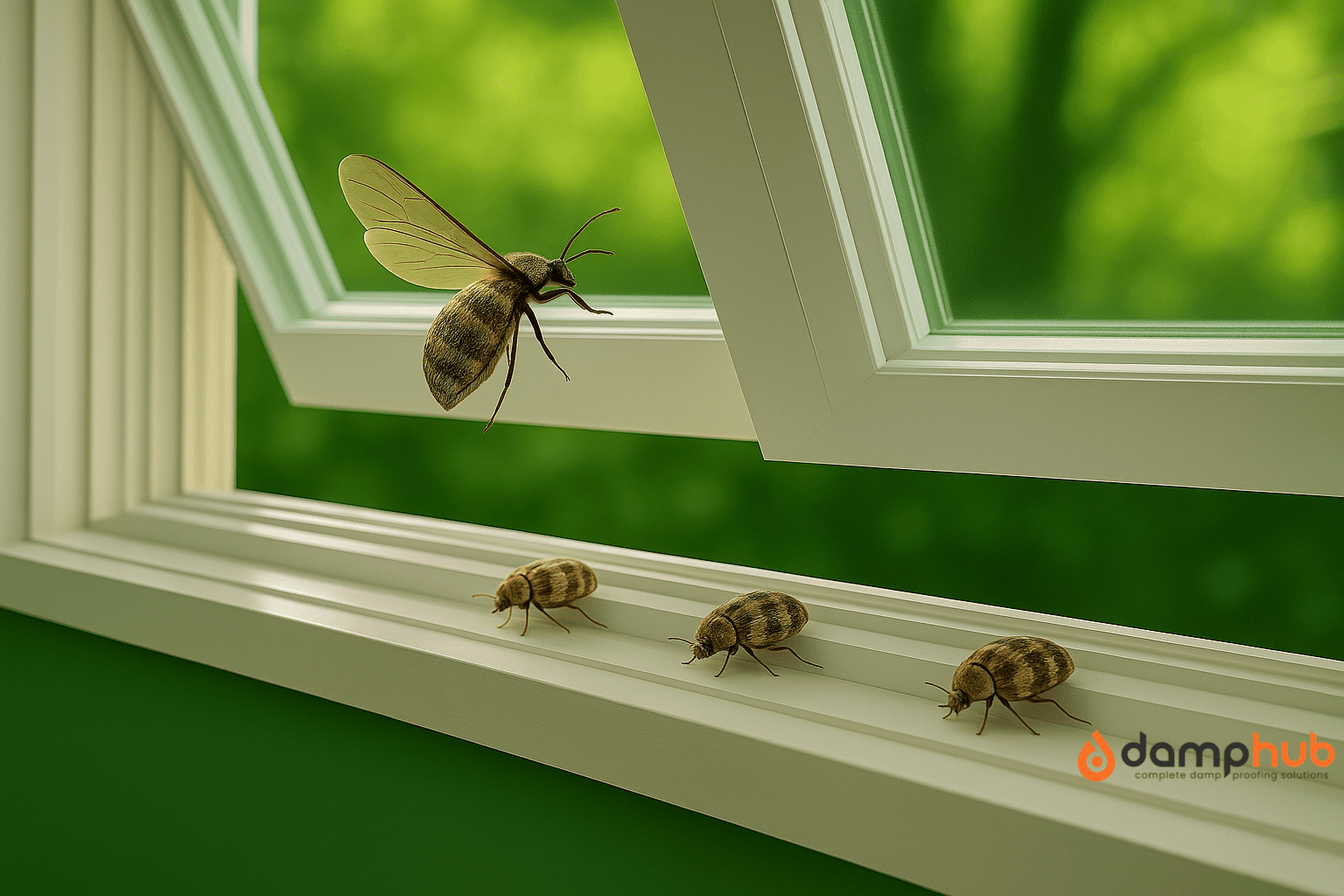A close-up of a white-framed open window with four carpet beetles on the sill, including one in mid-flight, against a blurred green outdoor background.