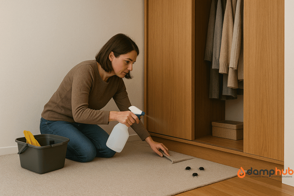 a homeowner spraying on carpet beetle to kill them 