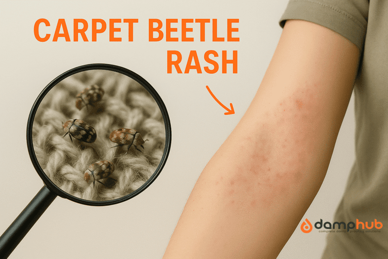 A close-up image shows a person’s forearm with a red, blotchy rash caused by carpet beetle exposure. Beside it, a magnifying glass highlights several carpet beetles crawling on a textured fabric surface. The background is orange, and the heading “CARPET BEETLE RASH” appears in bold text coloured #F96C25, with an arrow pointing to the irritated skin.