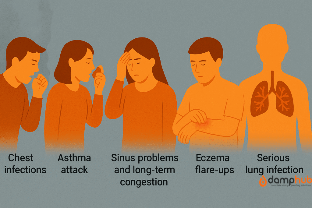 A landscape-format infographic showing the health effects of living in a damp house. Five figures are illustrated clearly: one coughing (chest infections), one using an inhaler (asthma attack), one holding their head and nose (sinus problems), one scratching their arm (eczema flare-up), and one with semi-transparent lungs showing fungal infection (serious lung infection). The background is bright and the figures are more visible against it.