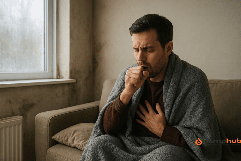 A man in his 30s with short dark hair sits on a beige sofa, wrapped in a grey blanket, coughing into his hand with a pained expression. Behind him, a damp, stained wall and condensation on the window suggest poor living conditions.