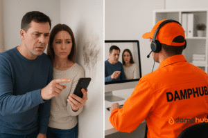 A split-screen image showing two connected scenes: on the left, a worried homeowner and his wife stand inside their house, looking concerned at a large damp patch on the wall while making a video call on a smartphone; on the right, a Damphub technician in bright orange PPE with “DAMPHUB” written on the back of his jacket sits in the Damphub office, wearing a headset and answering the video call on a computer screen.
