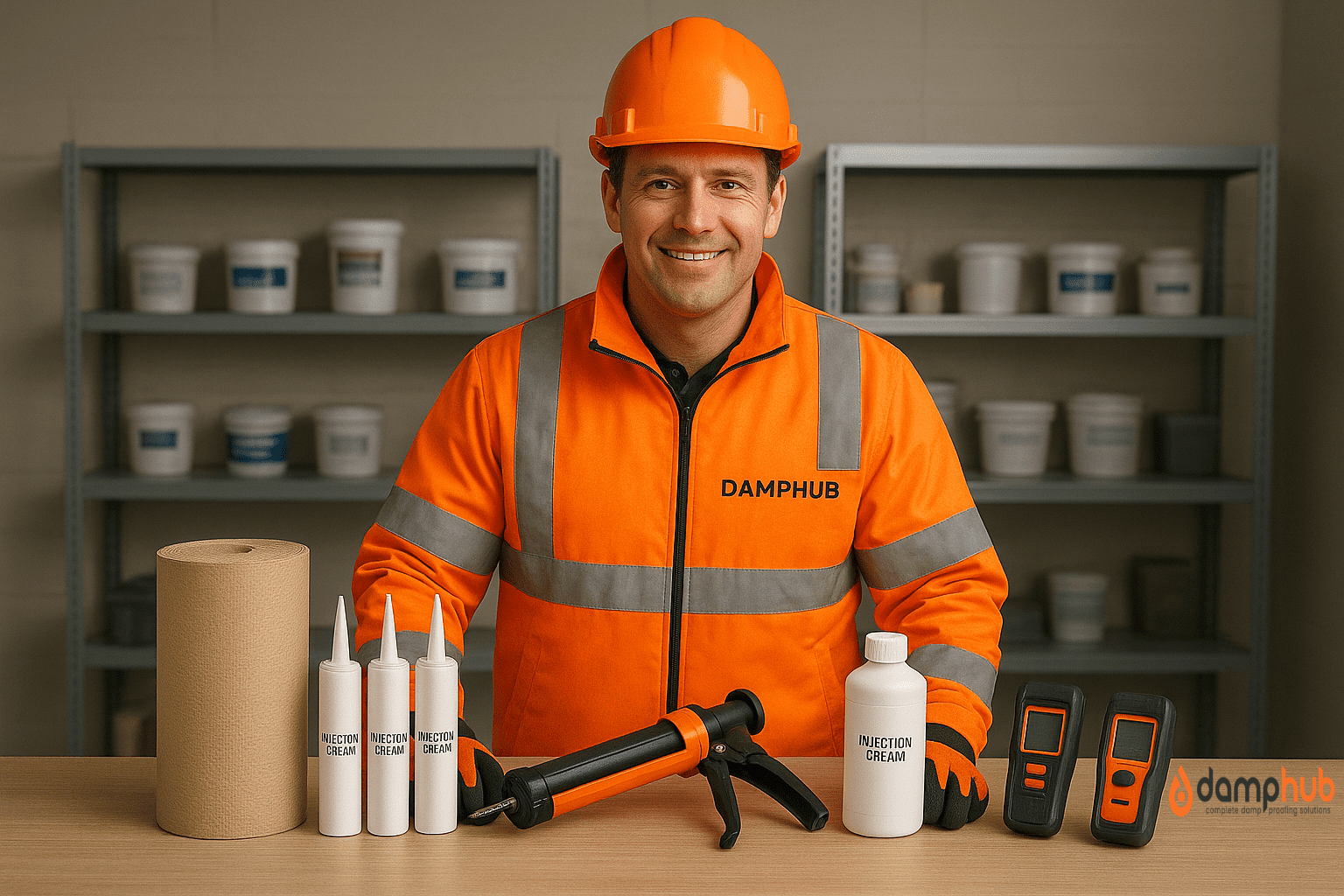 A construction expert wearing bright orange PPE with “DAMPHUB” on the jacket stands behind a workbench in a well-lit workshop. In front of him are unbranded damp proofing products including DPC rolls, white bottles labeled “Injection Cream,” an applicator gun, and two moisture meters. Behind him are organized metal shelves holding white buckets and other supplies.