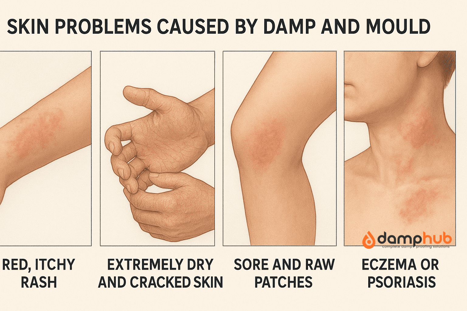 Can A Damp House Cause Skin Problems: A medical-style infographic titled “Skin Problems Caused by Damp and Mould,” divided into four sections with realistic close-up images. The first shows a red, itchy rash on an arm. The second displays hands with extremely dry and cracked skin. The third highlights a sore, raw patch behind the knee. The fourth depicts inflamed eczema or psoriasis flare-ups on the neck and chest. Each section has bold labels beneath the images.