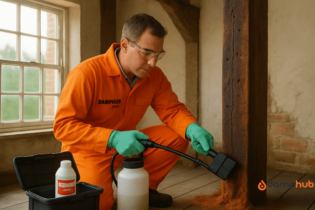 DampHub.co.uk technician applying woodworm and damp treatment to a dark, damp timber beam with visible exit holes inside an old British home, using a low-pressure sprayer and brush, with treatment products in a toolbox nearby.