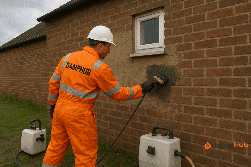 What Happens If You Live in a Damp House? A DampHub technician in bright orange PPE with reflective strips and a white hard hat applies tanking slurry to a damp patch on the exterior wall of a UK brick house using a masonry brush. Nearby, damp-proofing equipment including an injection pump and hose rests on the ground. The scene is outdoors under overcast daylight, creating a professional and serious atmosphere.