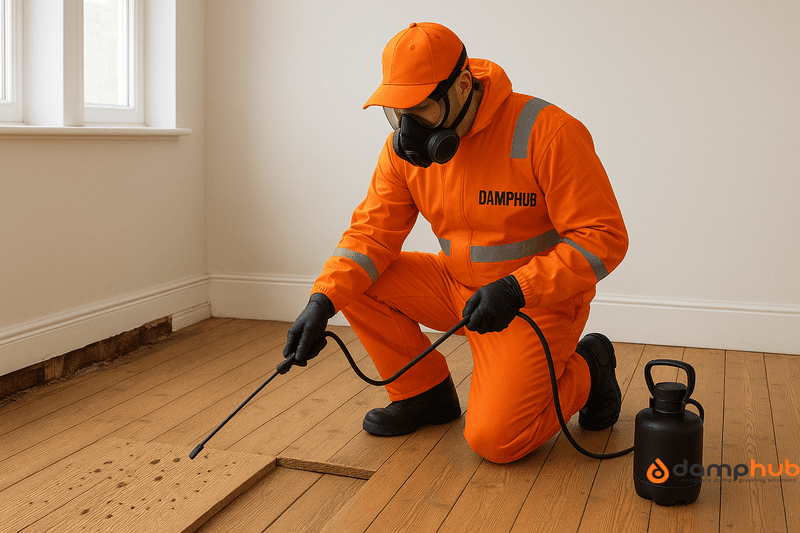 Landscape image of a professional pest control technician wearing bright orange PPE with a clear “DAMPHUB” label on the chest, kneeling on a wooden floor while spraying treatment into woodworm exit holes on an exposed floorboard. The technician uses a single black spray wand connected to a treatment canister, in a bright residential room with skirting boards removed to reveal damaged wood.