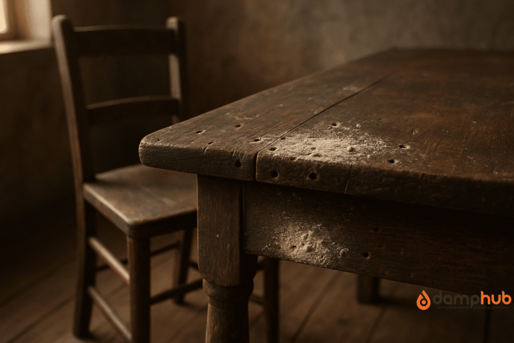 Old wooden table and chair in a rustic room, with sunlight streaming from the side. Fine, pale frass is visible beneath and inside small round exit holes in the dark timber, showing clear wood grain and aged texture.