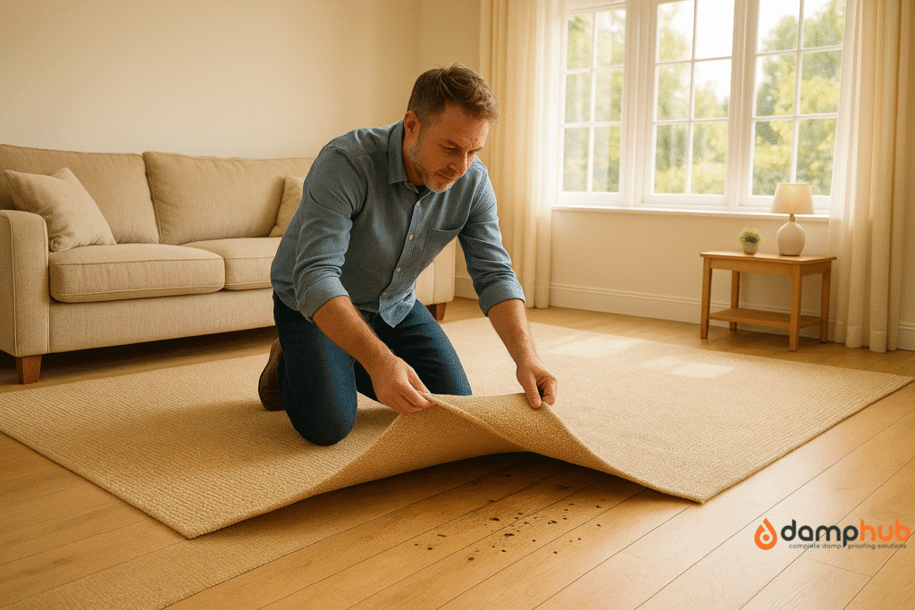 A middle-aged man kneels in a bright, modern living room, lifting the corner of a large beige woven rug that covers most of the wooden floor. The exposed floorboards show small woodworm exit holes and light surface damage. Sunlight streams through tall windows behind him, illuminating a beige sofa, light walls, and a small wooden side table with a plant and lamp.
