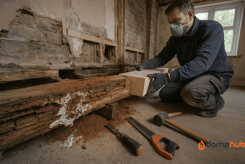 A tradesperson wearing protective gloves, work trousers, and a dust mask replaces a rotting timber beam inside a partially renovated British home. The old beam shows deep cracks, white fungal growth, and reddish dust from dry rot, while the new timber piece is clean, smooth, and pale in colour. Natural daylight enters through a nearby window, highlighting the contrast between damaged and healthy wood. Tools including a saw, chisel, and mallet are laid out on the wooden floor beside the worker.