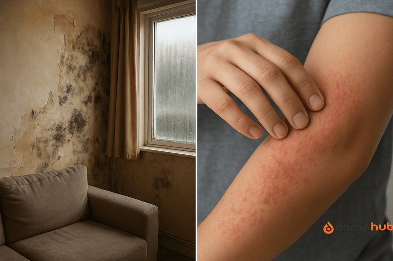 a spli image showing signs of damp in a house on one side and a person scratching skin rashes on the right.