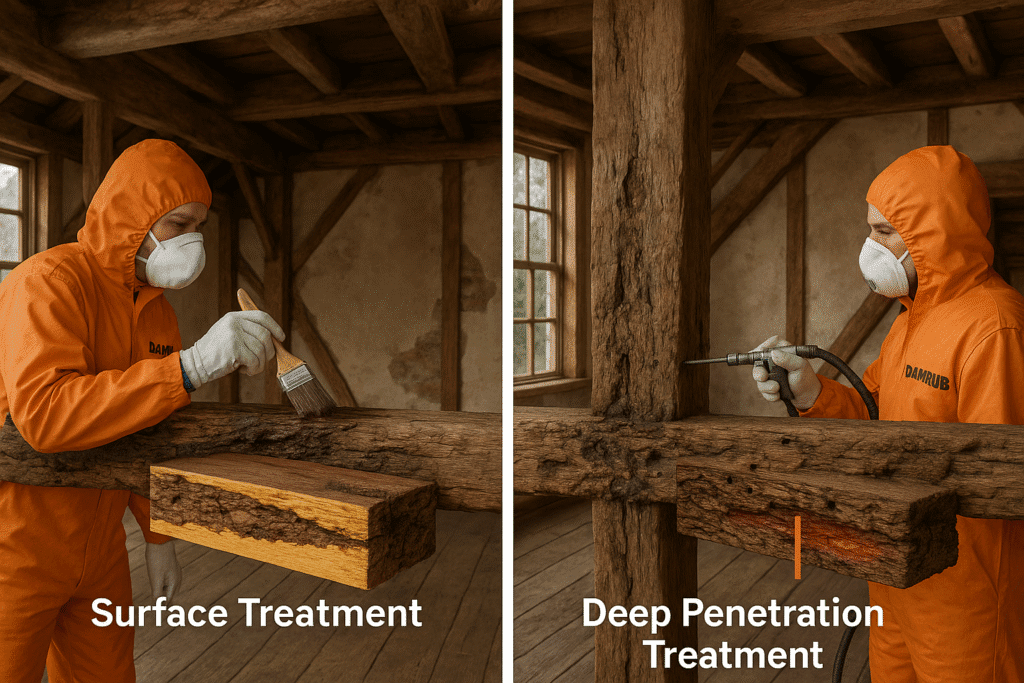 Damphub experts illustrating surface vs deep wet rot treatment product 
