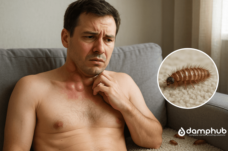 A shirtless man in his 30s sits on a grey sofa, looking worried and scratching his swollen lymph nodes on his neck and upper chest, where raised lumps are visible. Beneath the sofa, carpet beetle larvae crawl on the floor, with one shown enlarged in an inset circle for emphasis.