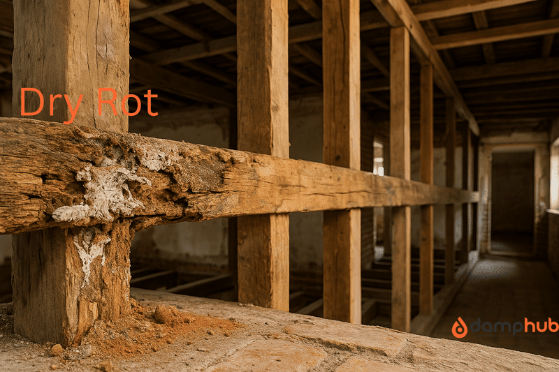 Close‑up view of structural timber inside a British home showing advanced dry rot damage. An orange label reading “Dry Rot” sits just above the decayed section, with an arrow pointing directly at the affected wood. The timber is cracked, crumbly, and discoloured, with white fungal growth visible, contrasting against surrounding healthy wood.