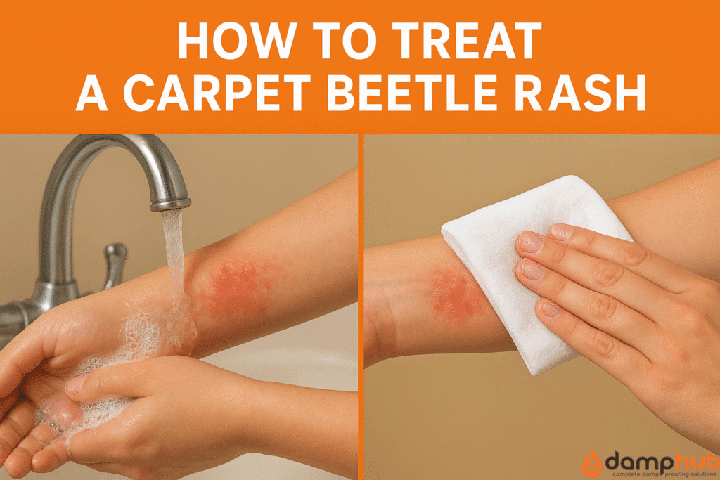 Instructional image showing how to treat a carpet beetle rash. On the left, a person is washing a visible red rash on their forearm with mild soap under running lukewarm water. On the right, the same rash is being soothed with a white cold compress pressed directly onto the forearm. Bold white text on a bright orange background reads: 'How to Treat a Carpet Beetle Rash'